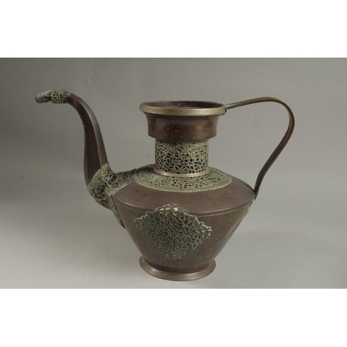 207 - A LARGE 19TH CENTURY TIBETAN WHITE METAL MOUNTED COPPER EWER, 29cm high.