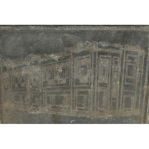 209 - A RARE INDIAN BIDRI SILVER INLAID TRAY, depicting a building, the reverse inscribed 'Lady Tasker in ... 