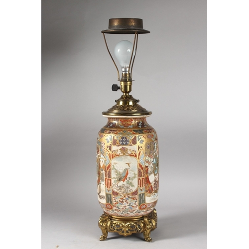 216 - A 19TH CENTURY JAPANESE SATSUMA VASE TABLE LAMP, with gilt metal mounts and stand, raised on four el... 