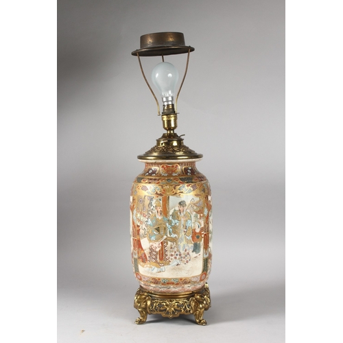 216 - A 19TH CENTURY JAPANESE SATSUMA VASE TABLE LAMP, with gilt metal mounts and stand, raised on four el... 