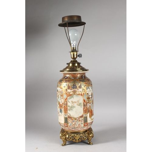 216 - A 19TH CENTURY JAPANESE SATSUMA VASE TABLE LAMP, with gilt metal mounts and stand, raised on four el... 