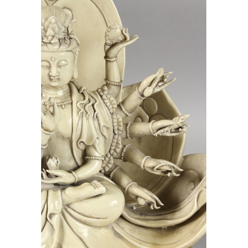 224 - A LARGE BLANC DE CHINE MULTI ARMED GUANYIN, 38cm high.