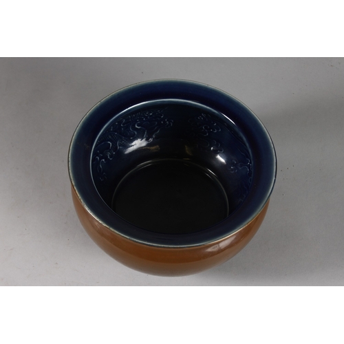 227 - A CHINESE CAFE AU LAIT AND BLUE GLAZED PORCELAIN CENSER BOWL, with incised dragons to interior, 19.5... 