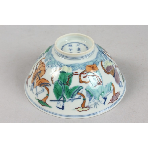 238 - A CHINESE DOUCAI ENAMELLED PORCELAIN BOWL, painted with immortals, six-character mark to base, 15.5c... 