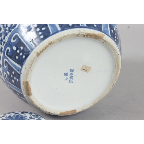 244 - A CHINESE BLUE AND WHITE PORCELAIN JAR AND COVER, character mark to base, 24cm high.