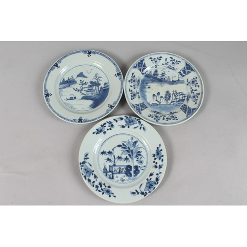 263 - THREE CHINESE BLUE AND WHITE PORCELAIN PLATES, painted with various designs, each 22.5cm diameter, (... 