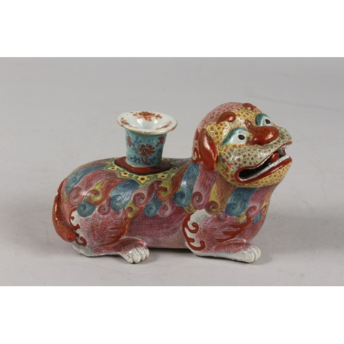 266 - A VERY FINE CHINESE FAMILLE ROSE POTTERY KYLIN CANDLE HOLDER, 18cm long.