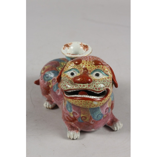 266 - A VERY FINE CHINESE FAMILLE ROSE POTTERY KYLIN CANDLE HOLDER, 18cm long.