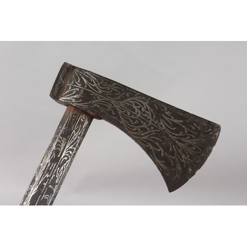 280 - A FINE 18TH-19TH CENTURY INDO PERSIAN SILVER INLAID AXE, 35.5cm long.