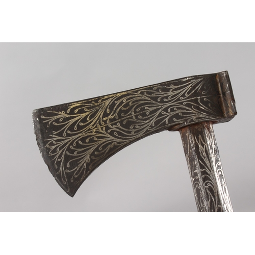 280 - A FINE 18TH-19TH CENTURY INDO PERSIAN SILVER INLAID AXE, 35.5cm long.