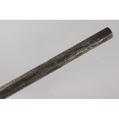 280 - A FINE 18TH-19TH CENTURY INDO PERSIAN SILVER INLAID AXE, 35.5cm long.