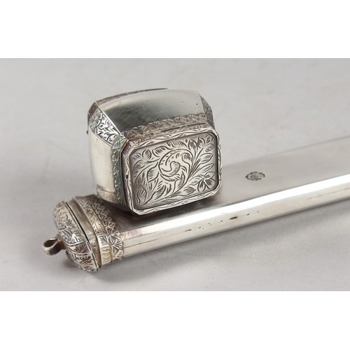 281 - A FINE 19TH CENTURY OTTOMAN SIGNED WHITE METAL PENBOX, with inkwell, with two stamped signatures, 28... 