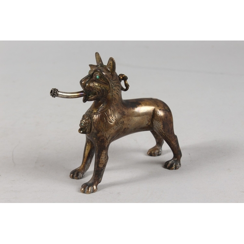 282 - A RARE EARLY ISLAMIC LION SHAPED AQUAMANILE POURING VESSEL, with turquoise inset eyes, 13cm high.