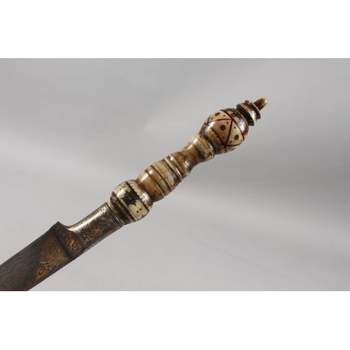 287 - A FINE INDIAN BONE HILTED SILVER AND GOLD INLAID WATERED STEEL DAGGER, 31cm long.