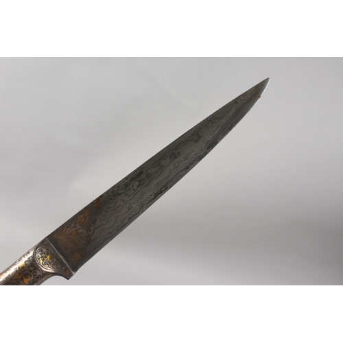 287 - A FINE INDIAN BONE HILTED SILVER AND GOLD INLAID WATERED STEEL DAGGER, 31cm long.