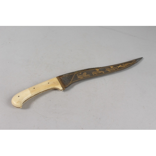 288 - A LARGE INDIAN BONE HILTED GOLD INLAID WATERED STEEL DAGGER, 42cm long.