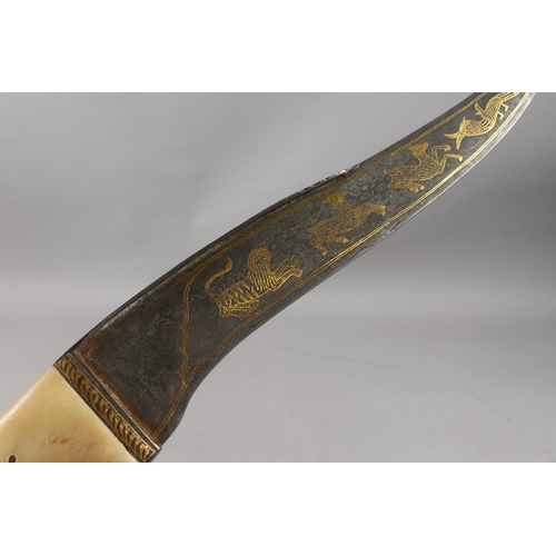 288 - A LARGE INDIAN BONE HILTED GOLD INLAID WATERED STEEL DAGGER, 42cm long.