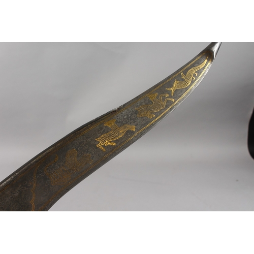 288 - A LARGE INDIAN BONE HILTED GOLD INLAID WATERED STEEL DAGGER, 42cm long.