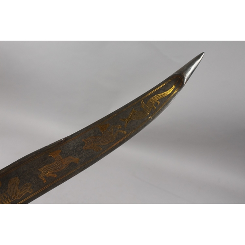 288 - A LARGE INDIAN BONE HILTED GOLD INLAID WATERED STEEL DAGGER, 42cm long.