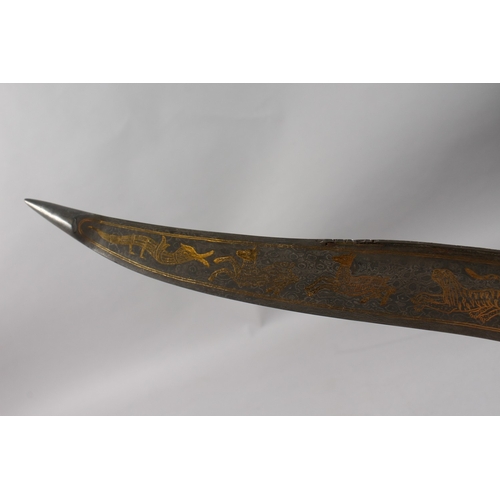 288 - A LARGE INDIAN BONE HILTED GOLD INLAID WATERED STEEL DAGGER, 42cm long.