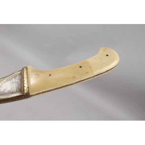 288 - A LARGE INDIAN BONE HILTED GOLD INLAID WATERED STEEL DAGGER, 42cm long.