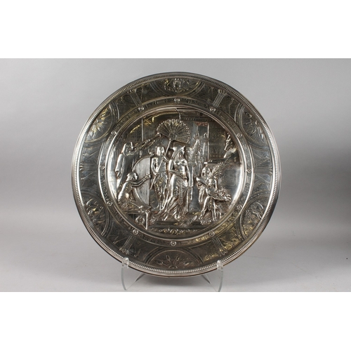 291 - A FINE ELKINGTON EGYPTIAN REVIVAL SILVER PLATED CHARGER, signed Thomas Spall and A. Williams, dated ... 