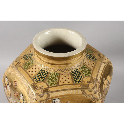 292 - A FINE AND LARGE JAPANESE KINKOZAN GILDED HEXAGONAL SATSUMA VASE ON HARDWOOD STAND, finely painted w... 