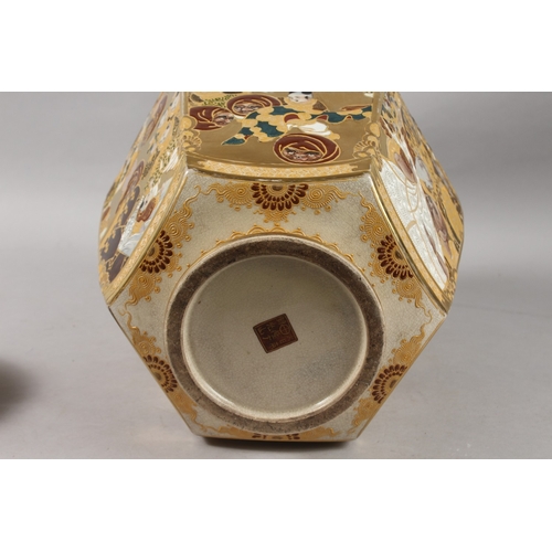 292 - A FINE AND LARGE JAPANESE KINKOZAN GILDED HEXAGONAL SATSUMA VASE ON HARDWOOD STAND, finely painted w... 