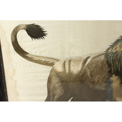 293 - A FINE AND LARGE JAPANESE EMBROIDERED SILK TEXTILE PICTURE OF A LION AND LIONESS, framed and glazed,... 