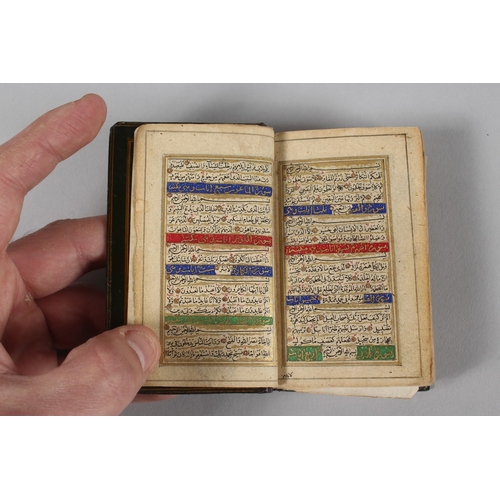 294 - A VERY FINE 19TH CENTURY PERSIAN QAJAR POCKET QURAN, with finely lacquered floral cover, the interio... 