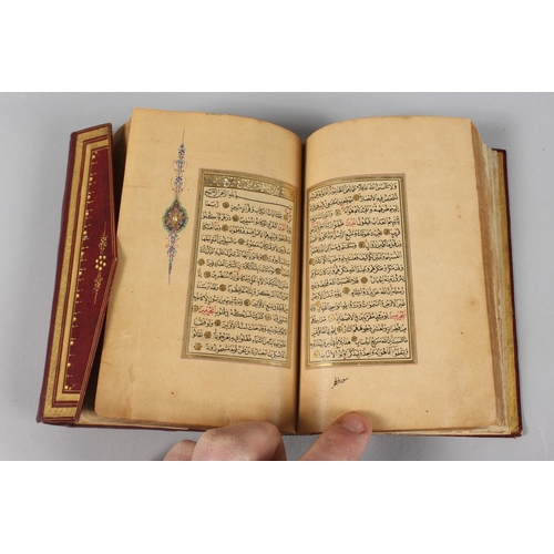 295 - A VERY FINE SMALL OTTOMAN TURKISH LEATHER BOUND QURAN, with exceptional gilded and illuminated pages... 