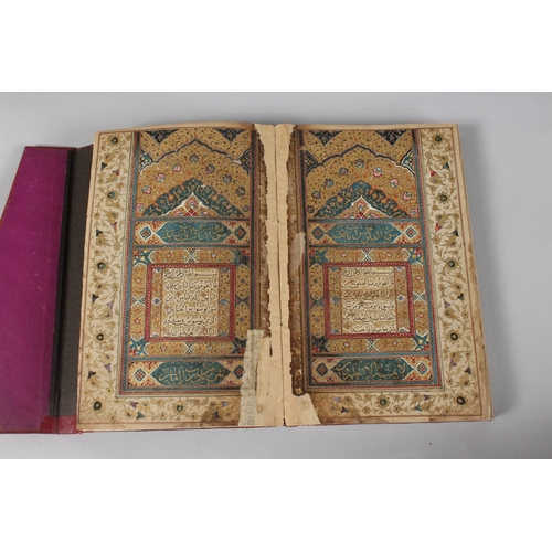 296 - A FINE PERSIAN QAJAR LEATHER BOUND QURAN, with embossed cover and finely gilded illuminated pages, d... 