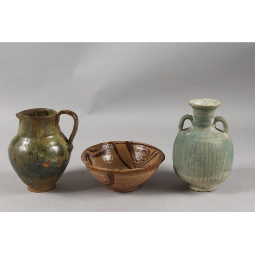 297 - THREE PIECES OF SYRIAN RAQQA POTTERY; vase, bowl and ewer, (3).