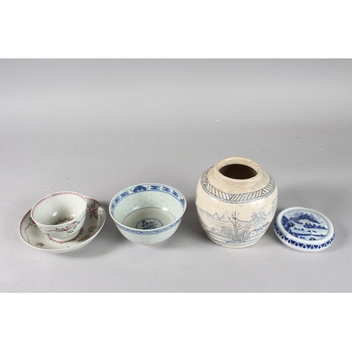 3 - A COLLECTION OF FOUR PIECES OF CHINESE PORCELAIN, including a famille rose cup and saucer and a ging... 