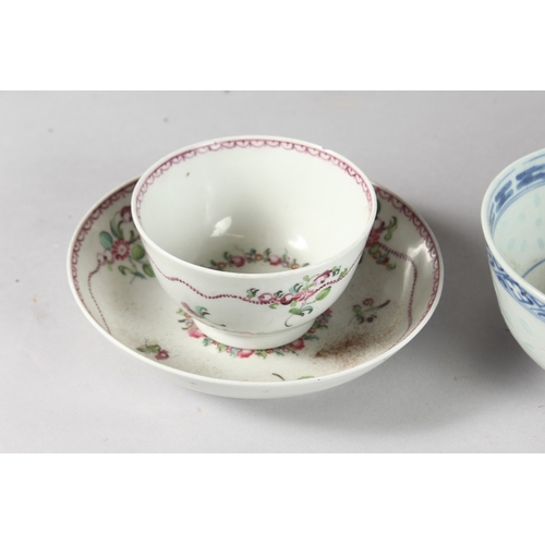 3 - A COLLECTION OF FOUR PIECES OF CHINESE PORCELAIN, including a famille rose cup and saucer and a ging... 