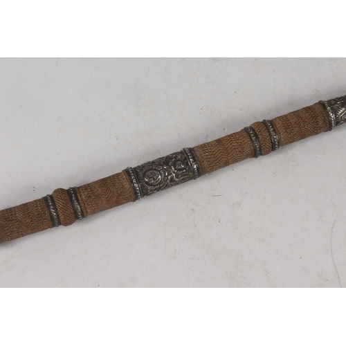 301 - A 19TH CENTURY INDIAN WHIP, mounted with engraved silver bands, 52cm long.