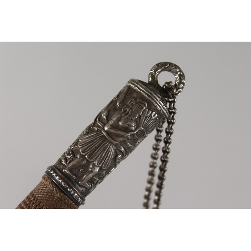 301 - A 19TH CENTURY INDIAN WHIP, mounted with engraved silver bands, 52cm long.