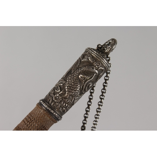 301 - A 19TH CENTURY INDIAN WHIP, mounted with engraved silver bands, 52cm long.