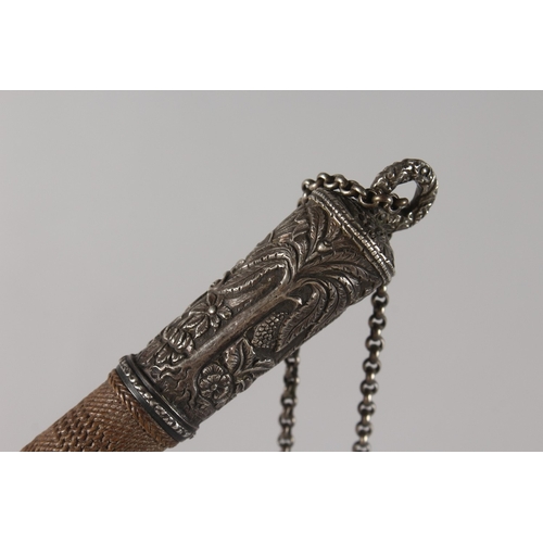 301 - A 19TH CENTURY INDIAN WHIP, mounted with engraved silver bands, 52cm long.