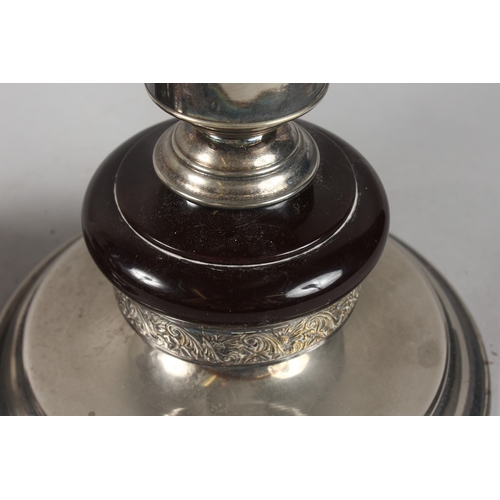 315 - A VERY FINE PAIR OF CIRCULAR PLATED TABLE LAMP BASES, the columns inserted with possibly bakelite or... 