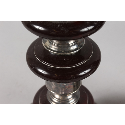 315 - A VERY FINE PAIR OF CIRCULAR PLATED TABLE LAMP BASES, the columns inserted with possibly bakelite or... 