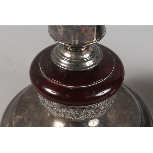 315 - A VERY FINE PAIR OF CIRCULAR PLATED TABLE LAMP BASES, the columns inserted with possibly bakelite or... 