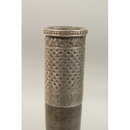 328 - A RARE 18TH CENTURY MUGHAL INDIAN SILVER MOUNTED LEAD SURAHI BOTTLE, 30cm high.