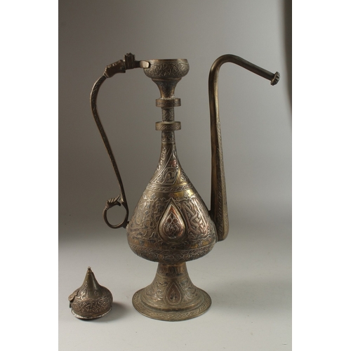 347 - A VERY FINE AND LARGE 19TH CENTURY SYRIAN DAMASCUS SILVER AND COPPER INLAID BRASS EWER, with calligr... 