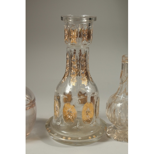 368 - TWO 19TH CENTURY OTTOMAN MARKET GILDED GLASS HUQQA BASES, and another 19th century Ottoman Turkish l... 