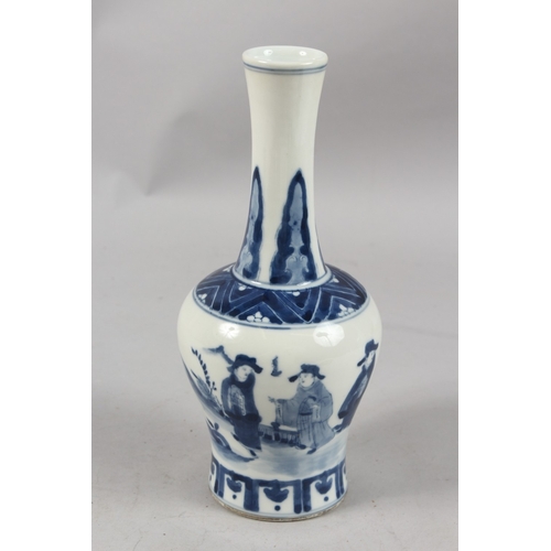 394 - A CHINESE BLUE AND WHITE PORCELAIN BOTTLE VASE, painted with three figures, the base with four-chara... 