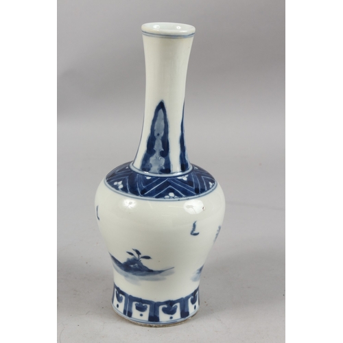 394 - A CHINESE BLUE AND WHITE PORCELAIN BOTTLE VASE, painted with three figures, the base with four-chara... 