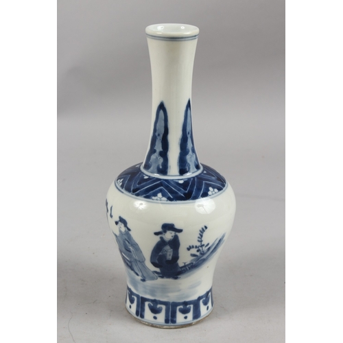 394 - A CHINESE BLUE AND WHITE PORCELAIN BOTTLE VASE, painted with three figures, the base with four-chara... 