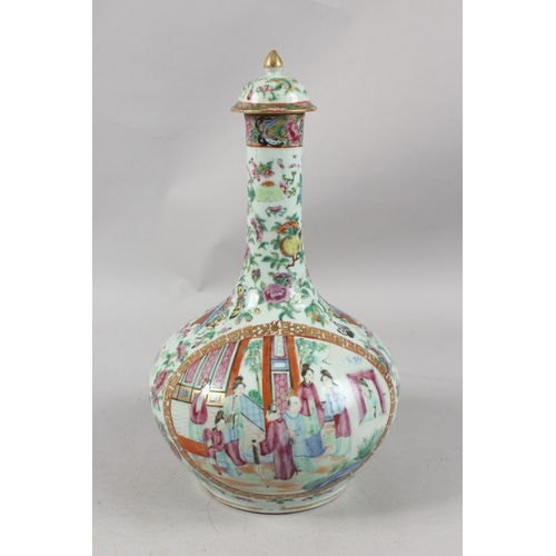 395 - A CHINESE CANTON FAMILLE ROSE PORCELAIN LIDDED VASE, painted with panels of figures as well as preci... 