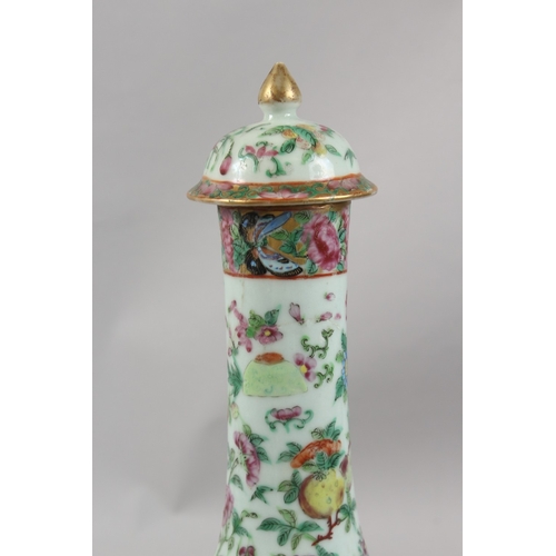 395 - A CHINESE CANTON FAMILLE ROSE PORCELAIN LIDDED VASE, painted with panels of figures as well as preci... 